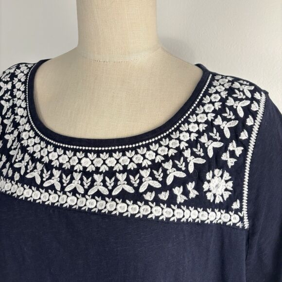 TALBOTS Women's 3XP 100% Cotton Navy Embroidered Short Sleeves Crewneck T Shirt - Picture 2 of 5